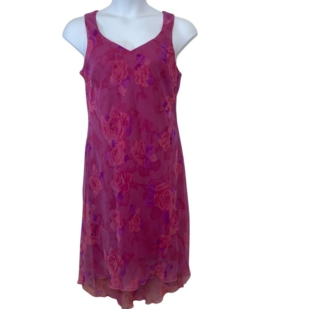 Vintage Y2K Pink Chiffon Midi Asymmetric Dress 14 Floral Fairy Boho Romantic